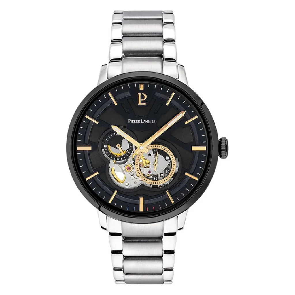 PIERRE LANNIER Montre Trio Noir cadran argenté fond noir bracelet acier argenté New