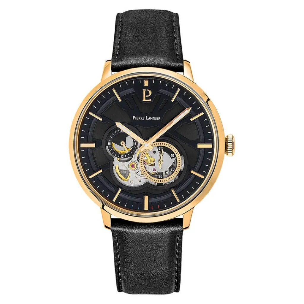 PIERRE LANNIER Montre Trio Noir cadran doré fond noir bracelet cuir noir Outlet