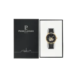 PIERRE LANNIER Montre Trio Noir cadran doré fond noir bracelet cuir noir Outlet