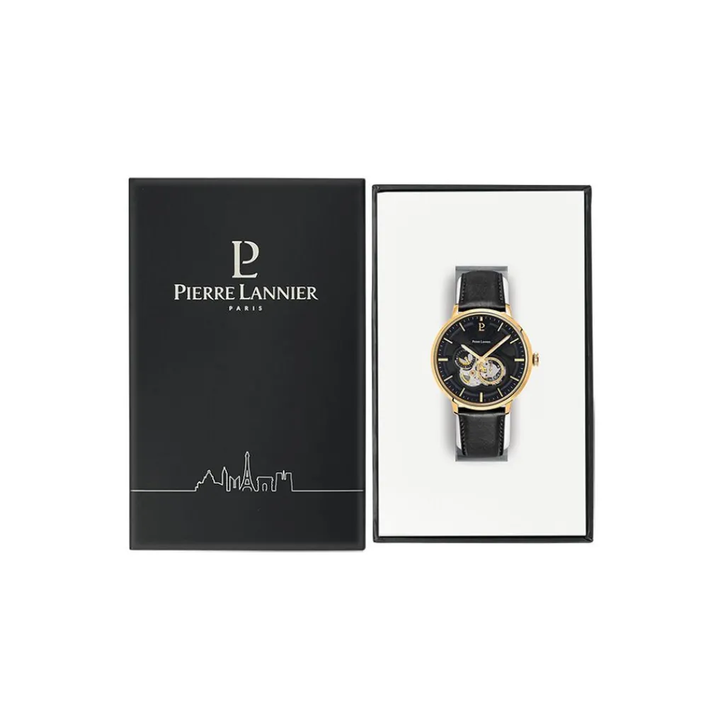 PIERRE LANNIER Montre Trio Noir cadran doré fond noir bracelet cuir noir Outlet