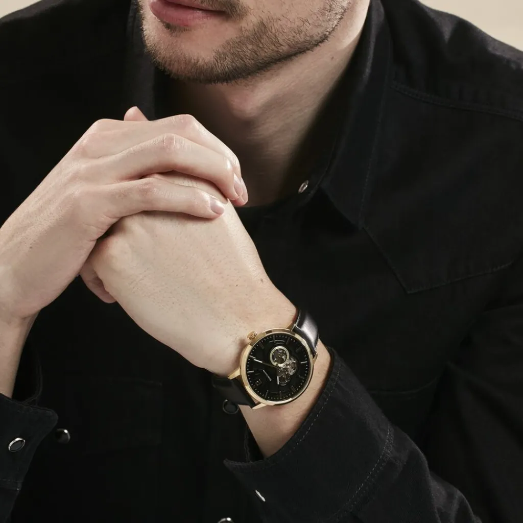 PIERRE LANNIER Montre Trio Noir cadran doré fond noir bracelet cuir noir Outlet