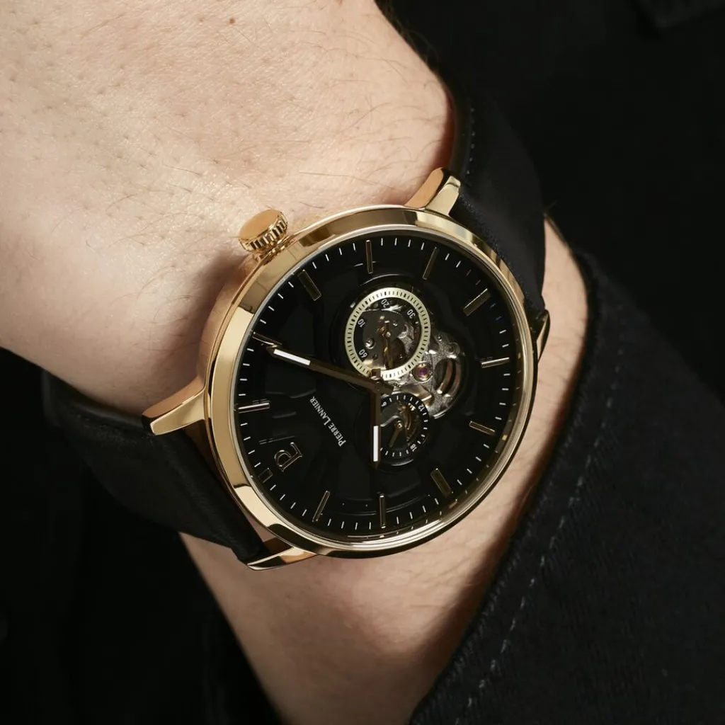 PIERRE LANNIER Montre Trio Noir cadran doré fond noir bracelet cuir noir Outlet