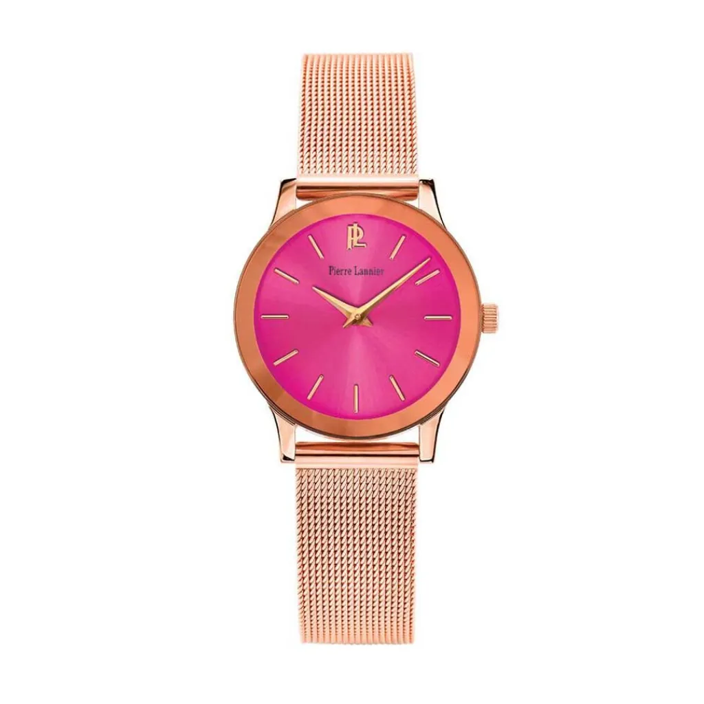 PIERRE LANNIER Montre Week End Ligne Pure Rose cadran doré rose fond fushia bracelet acier doré rose New