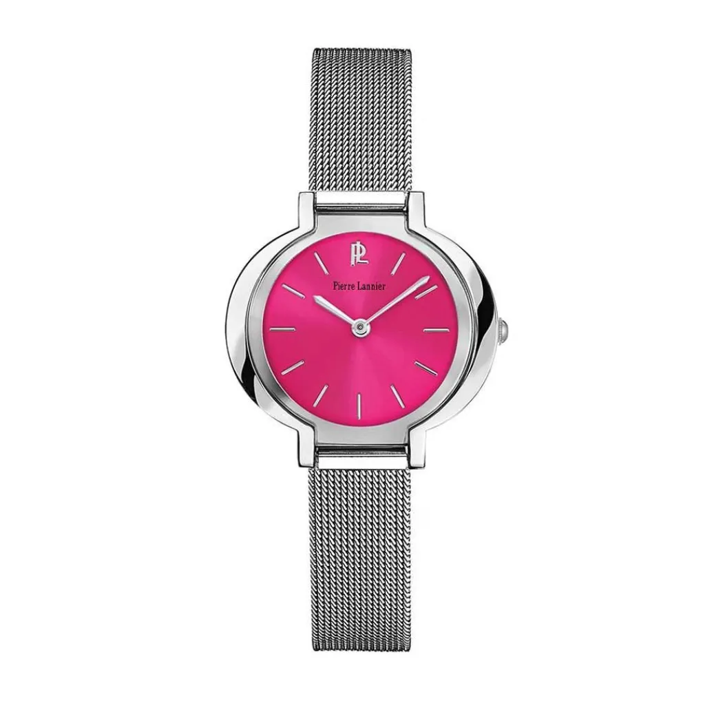 PIERRE LANNIER Montre Week End Ligne Pure Rose cadran argenté fond fushia bracelet acier argenté Best