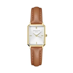 ROSEFIELD Montre Octagon Xs Blanc cadran doré fond blanc bracelet cuir de vache marron Hot