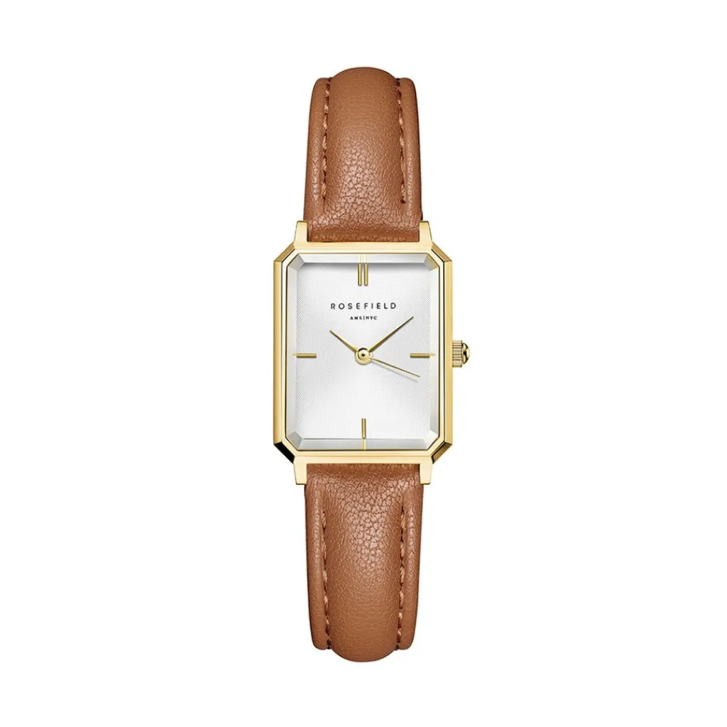 ROSEFIELD Montre Octagon Xs Blanc cadran doré fond blanc bracelet cuir de vache marron Hot