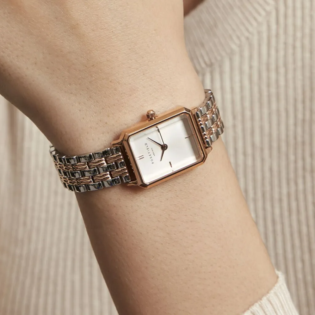ROSEFIELD Montre Octagon Xs Blanc cadran rose fond blanc bracelet acier rose Outlet