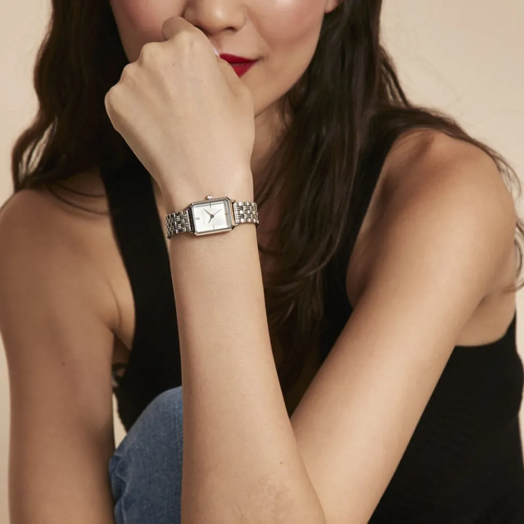 ROSEFIELD Montre Octagon Blanc cadran argenté fond blanc bracelet acier argenté Sale