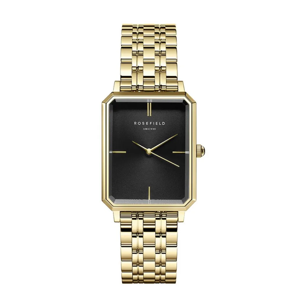 ROSEFIELD Montre Octagon Noir cadran doré fond noir bracelet acier doré Discount