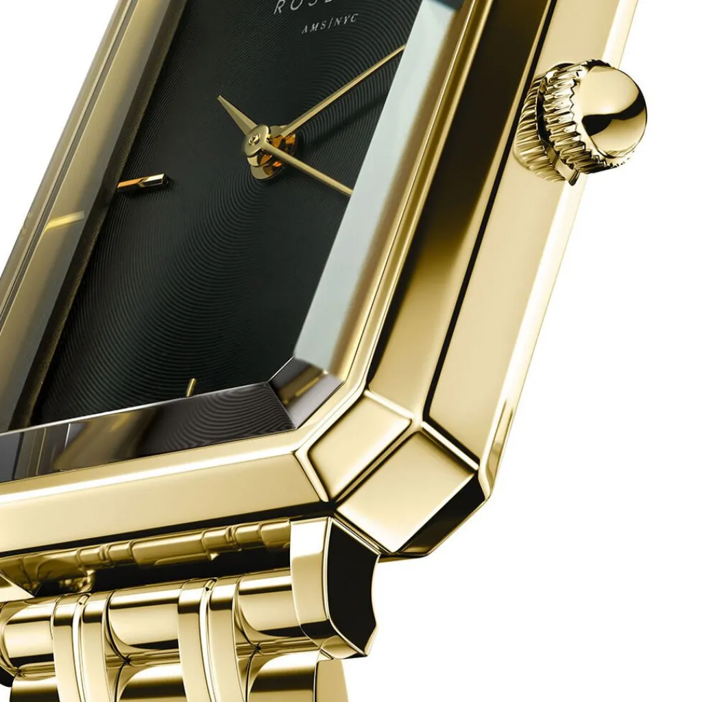 ROSEFIELD Montre Octagon Noir cadran doré fond noir bracelet acier doré Discount