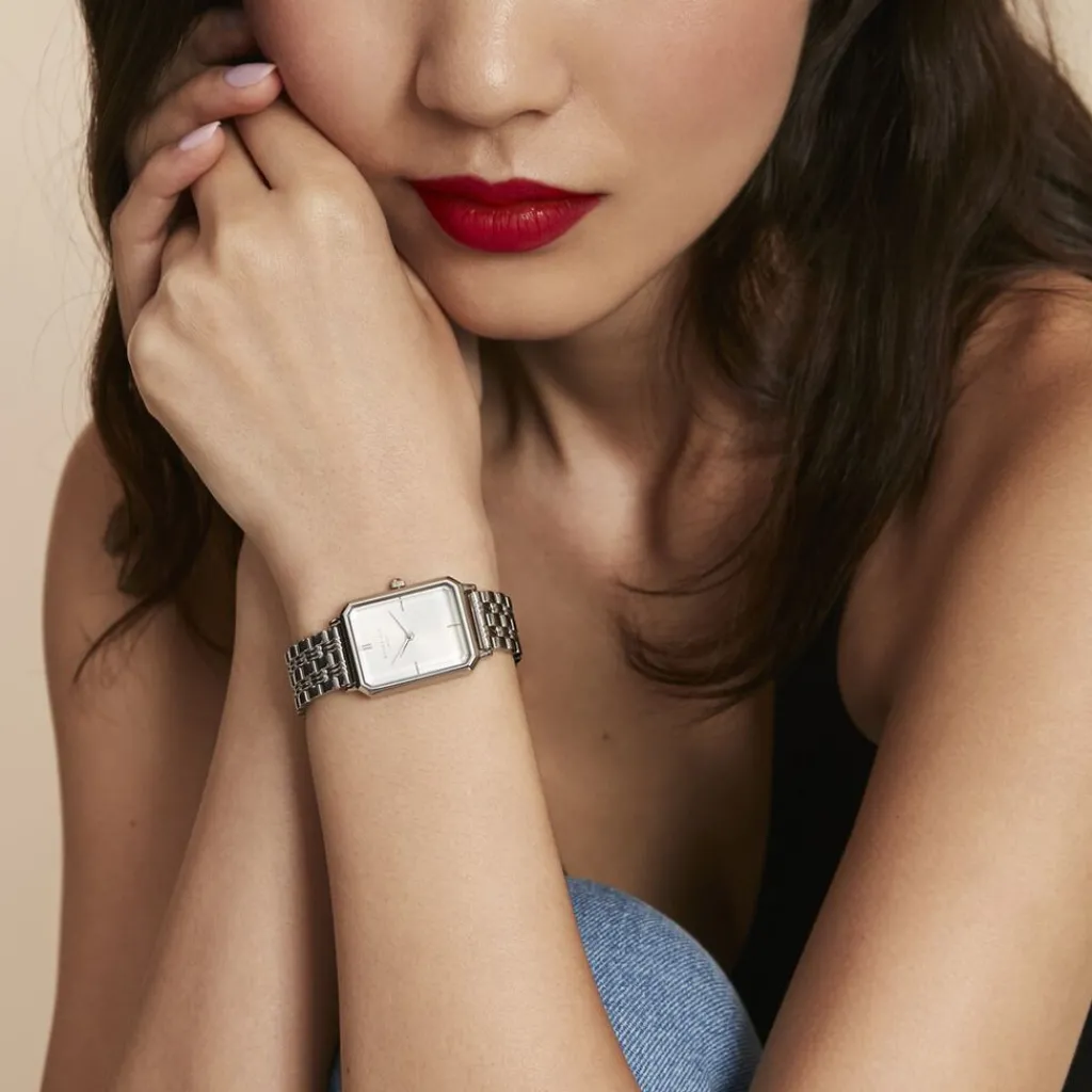 ROSEFIELD Montre Octagon Xs Blanc cadran argenté fond blanc bracelet acier argenté