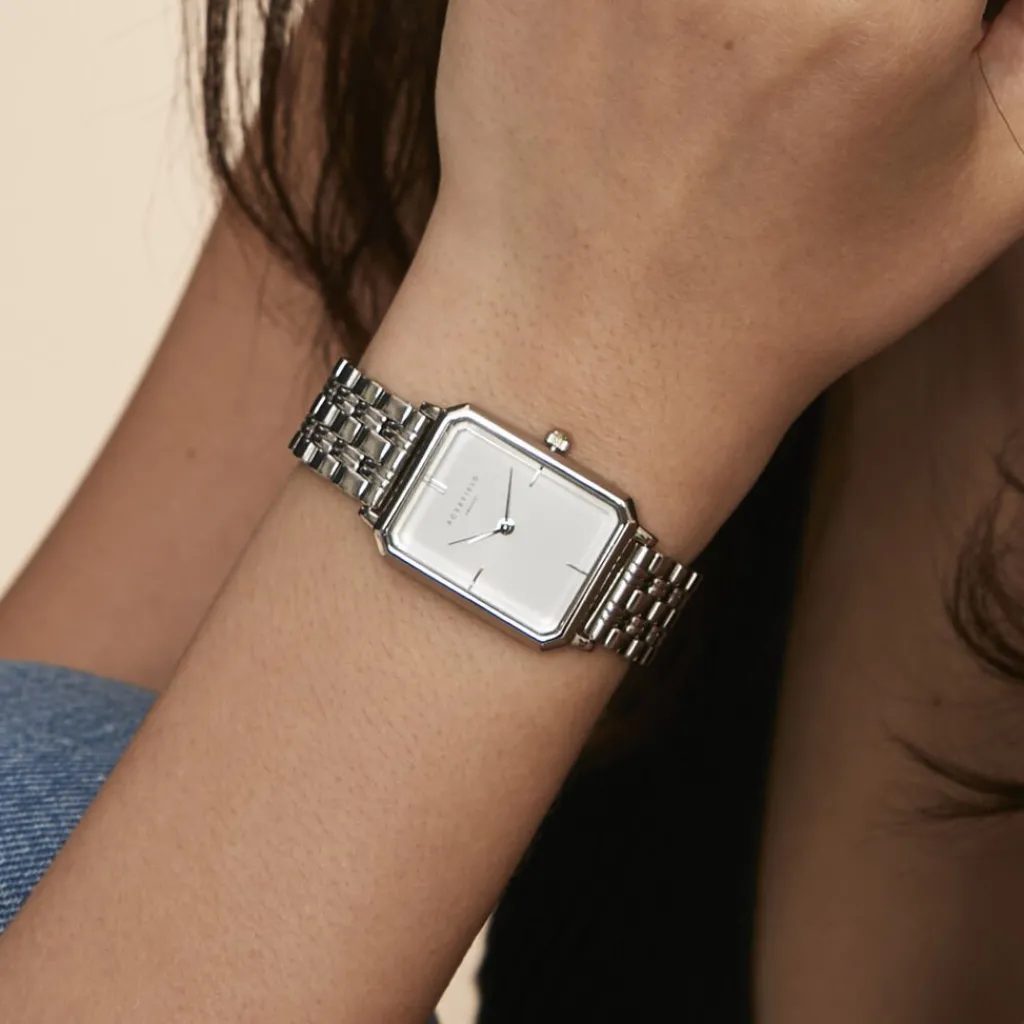 ROSEFIELD Montre Octagon Xs Blanc cadran argenté fond blanc bracelet acier argenté