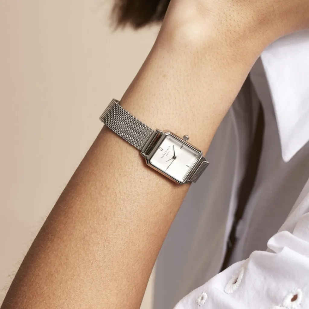 ROSEFIELD Montre Octagon Xs Blanc cadran argenté fond blanc bracelet acier argenté Hot