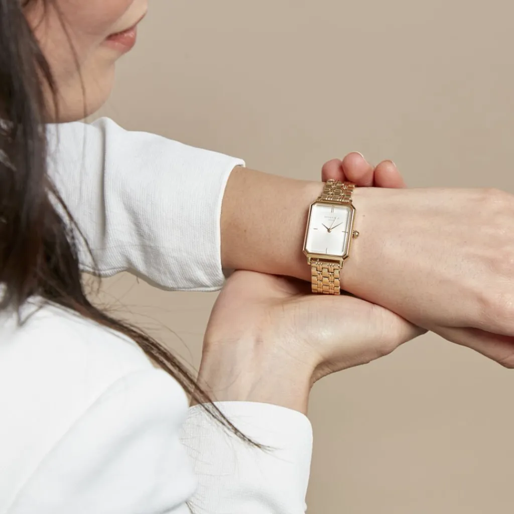 ROSEFIELD Montre Octagon Blanc cadran doré fond blanc bracelet acier doré