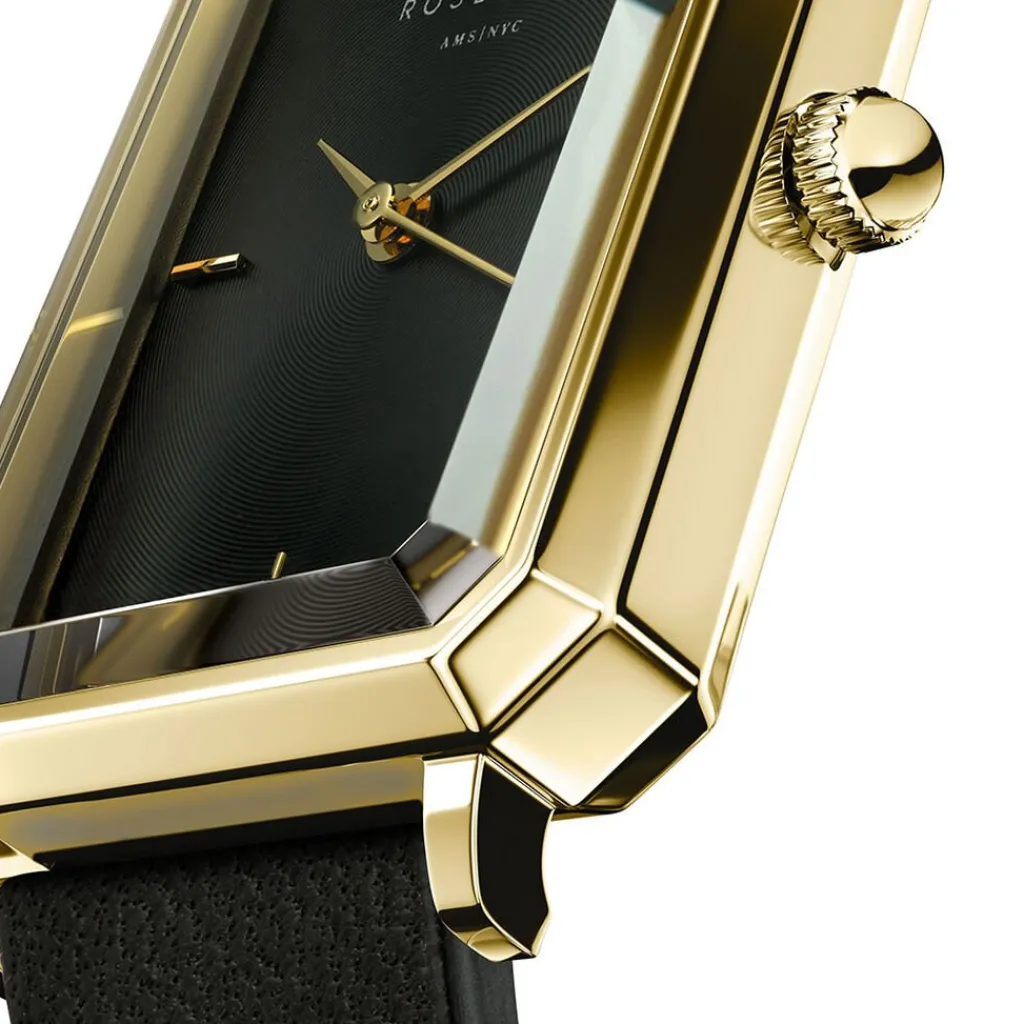 ROSEFIELD Montre Octagon Noir cadran doré fond noir bracelet cuir noir Online