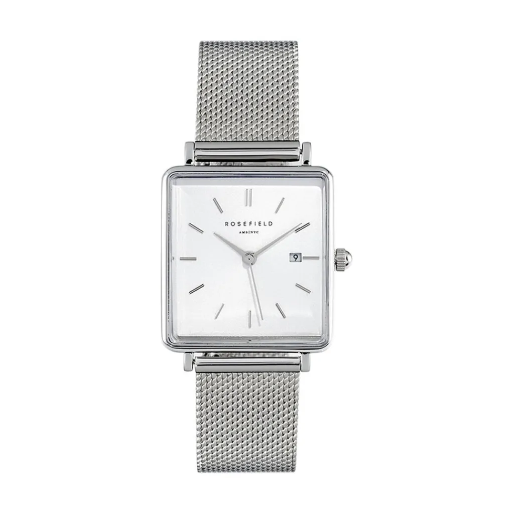 ROSEFIELD Montre The Boxy Blanc cadran argenté fond blanc bracelet acier argenté Outlet