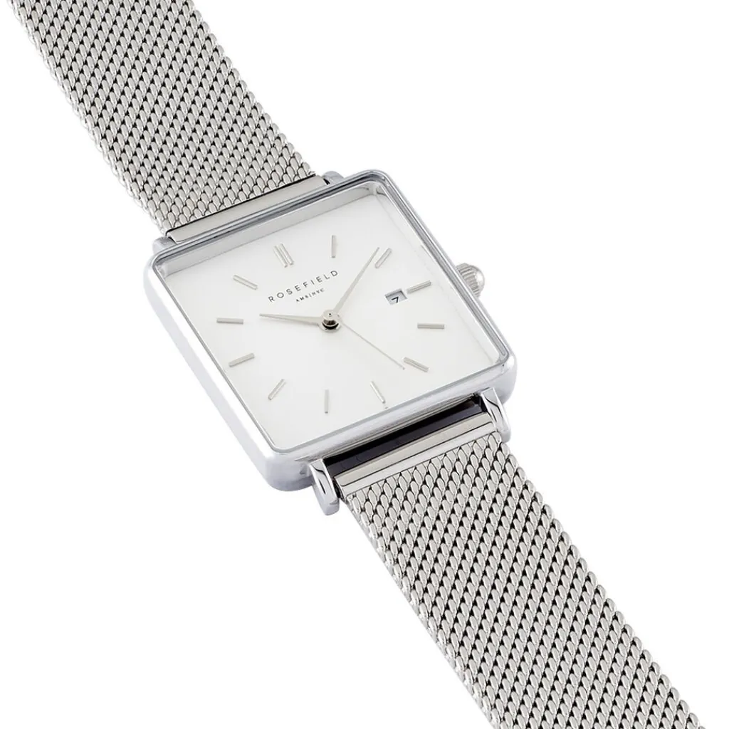 ROSEFIELD Montre The Boxy Blanc cadran argenté fond blanc bracelet acier argenté Outlet