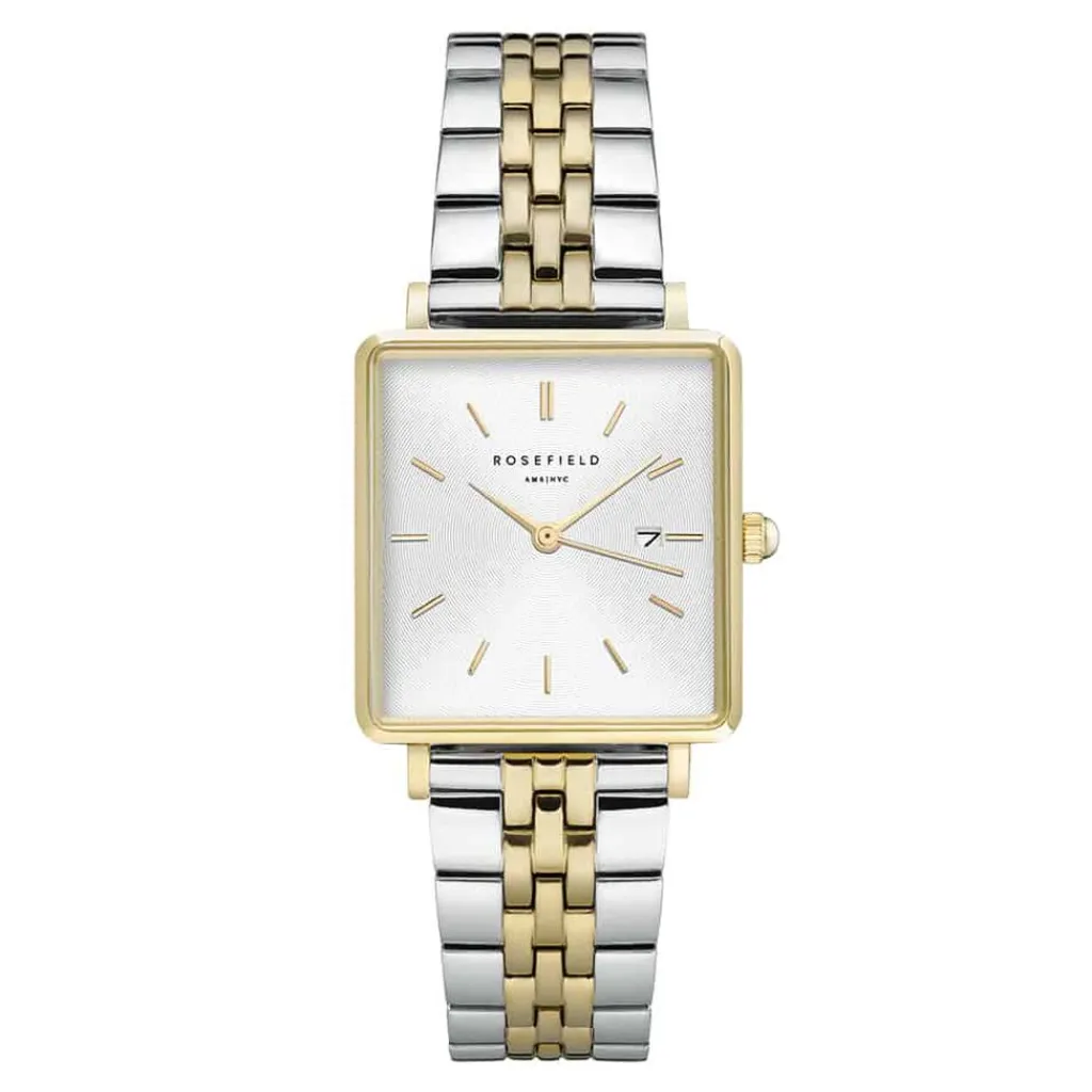 ROSEFIELD Montre The Boxy Blanc cadran doré fond blanc bracelet acier bicolore Discount