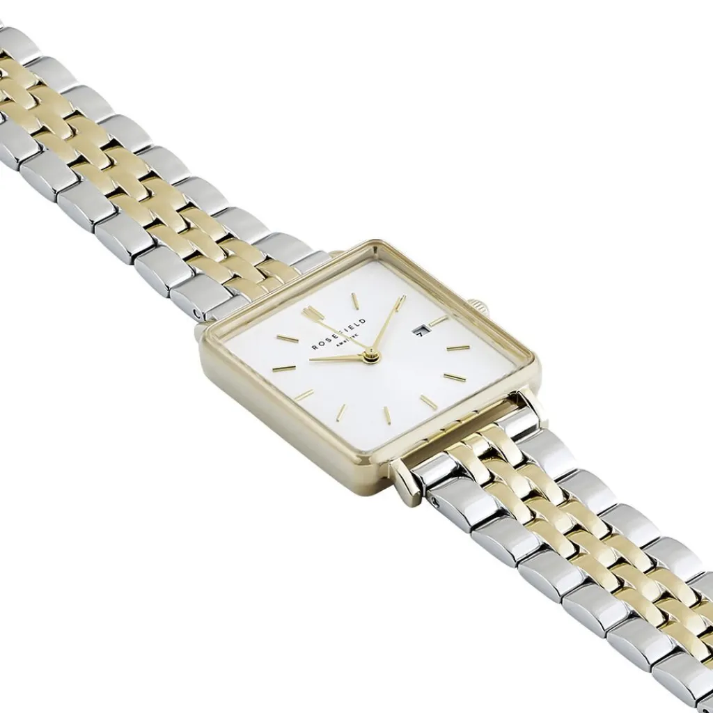 ROSEFIELD Montre The Boxy Blanc cadran doré fond blanc bracelet acier bicolore Discount