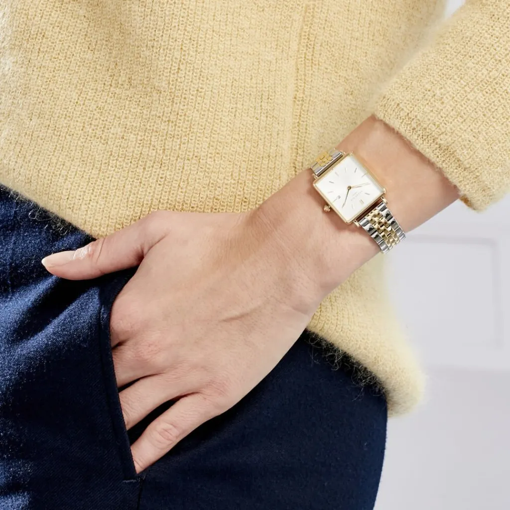 ROSEFIELD Montre The Boxy Blanc cadran doré fond blanc bracelet acier bicolore Discount
