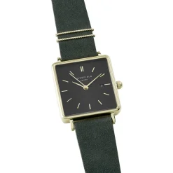 ROSEFIELD Montre The Boxy Noir cadran doré fond noir bracelet cuir vert Hot