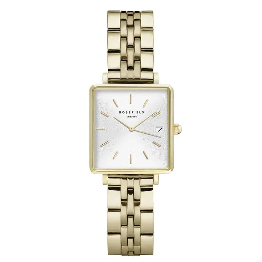 ROSEFIELD Montre The Mini Boxy Blanc cadran doré fond blanc bracelet acier doré Sale