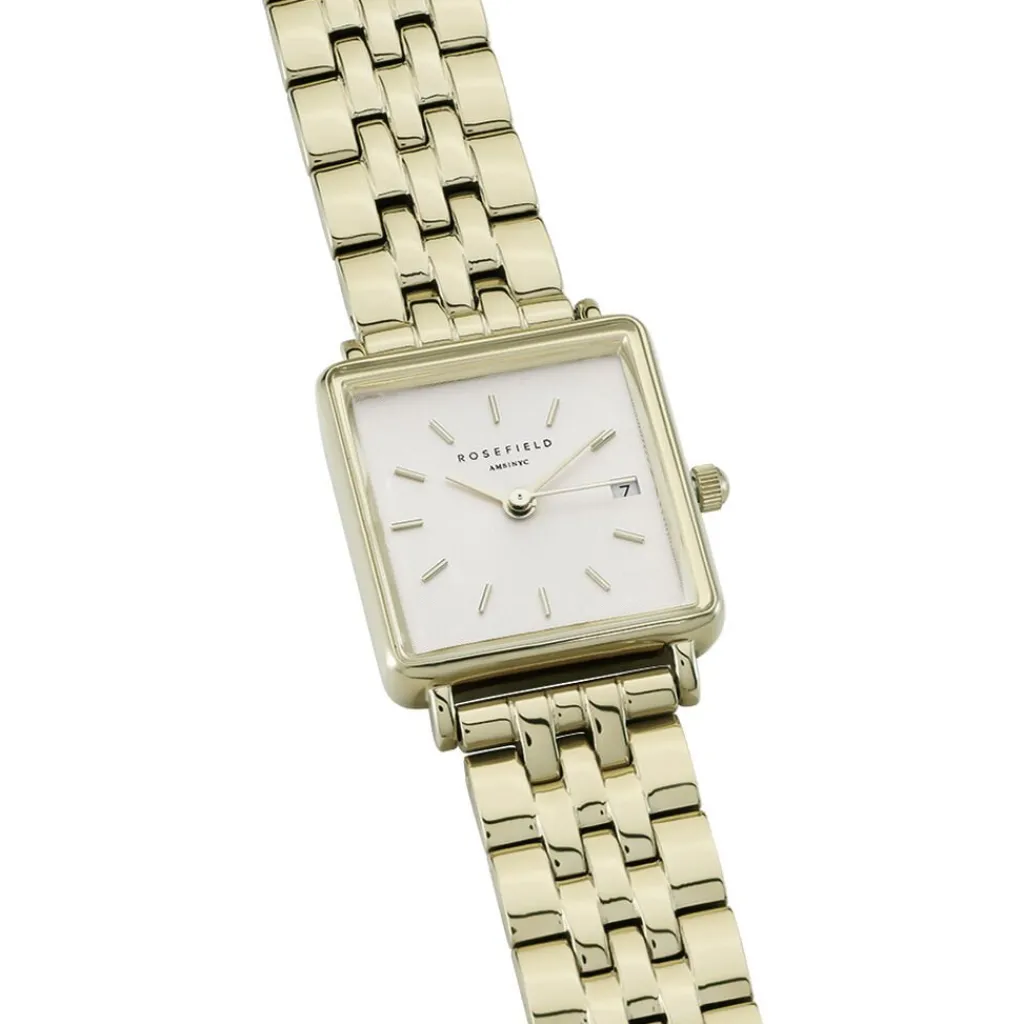 ROSEFIELD Montre The Mini Boxy Blanc cadran doré fond blanc bracelet acier doré Sale