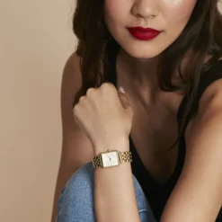 ROSEFIELD Montre The Mini Boxy Blanc cadran doré fond blanc bracelet acier doré Sale