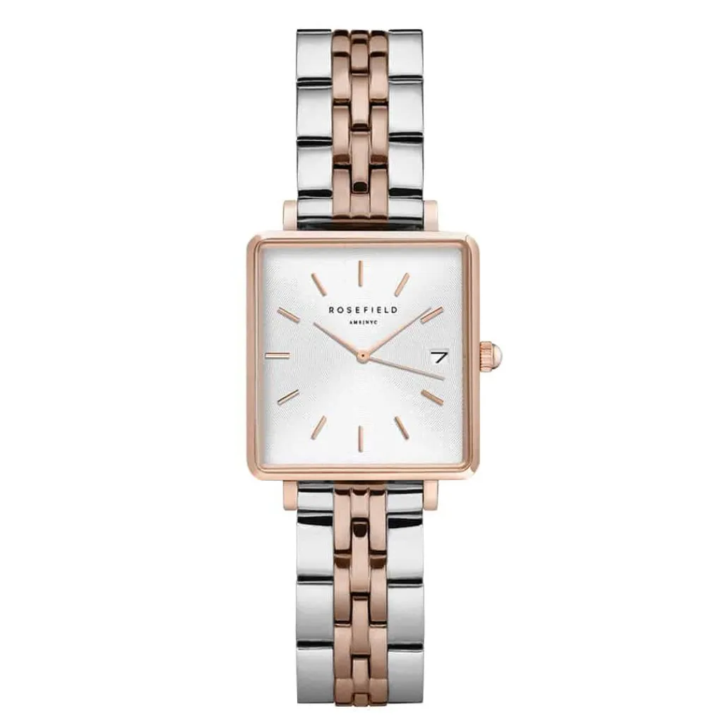 ROSEFIELD Montre The Mini Boxy Blanc cadran doré rose fond blanc bracelet acier doré rose Clearance