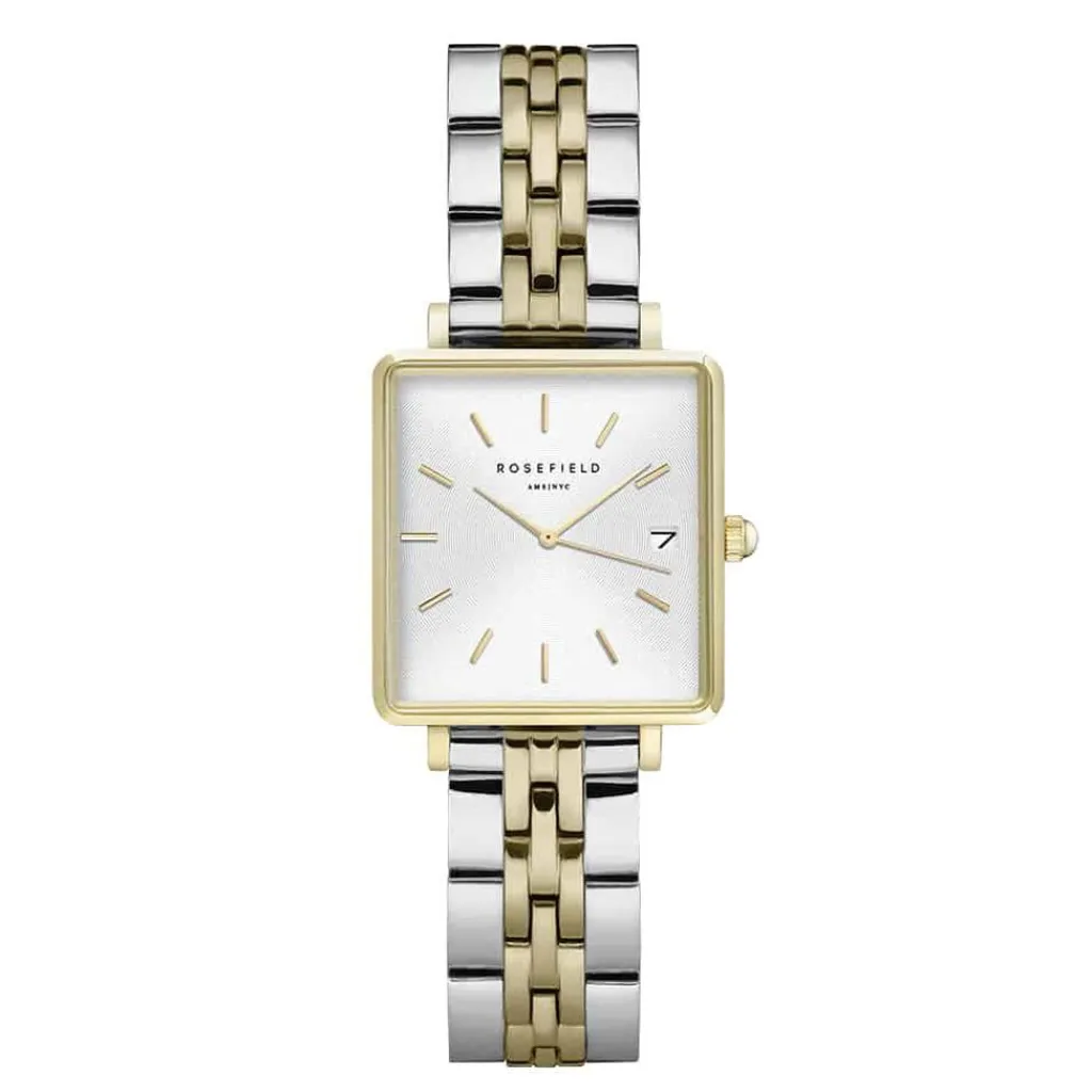 ROSEFIELD Montre The Mini Boxy Blanc cadran doré fond blanc bracelet acier bicolore