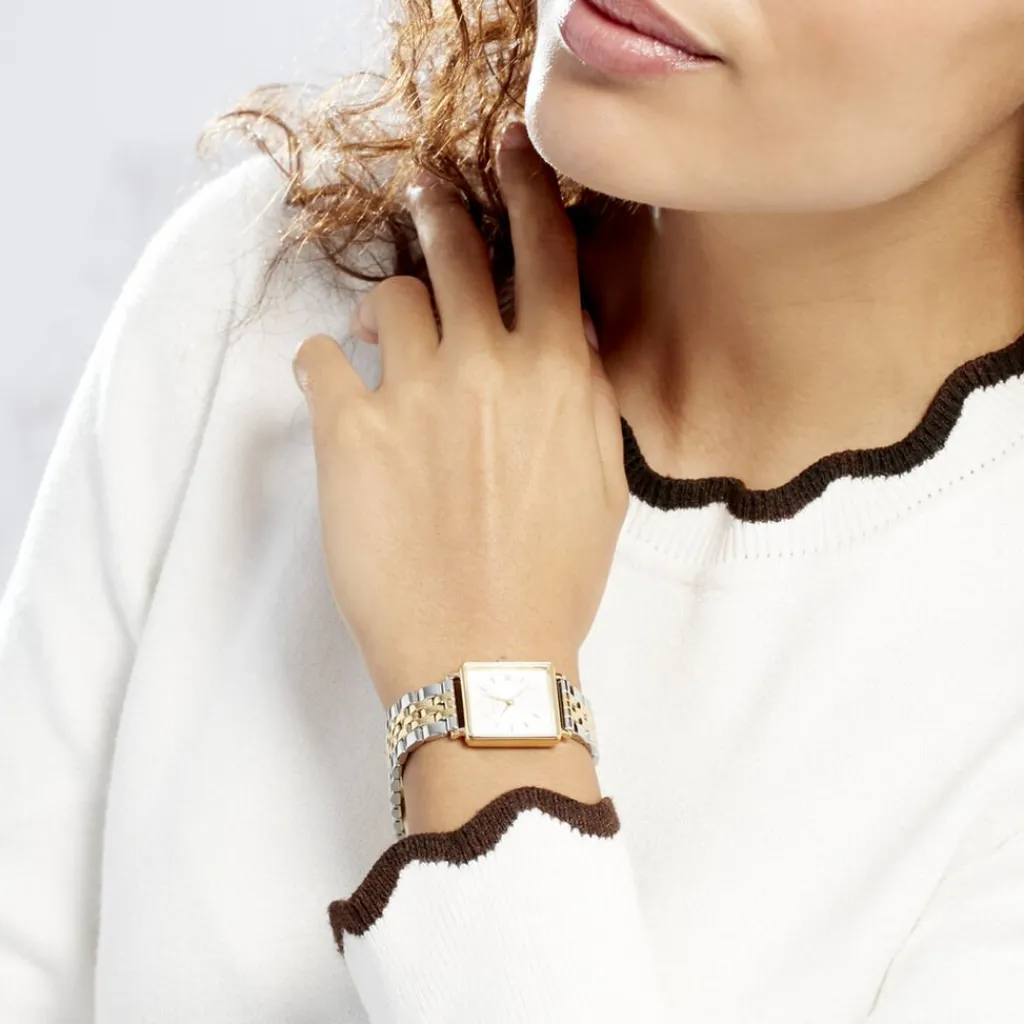 ROSEFIELD Montre The Mini Boxy Blanc cadran doré fond blanc bracelet acier bicolore