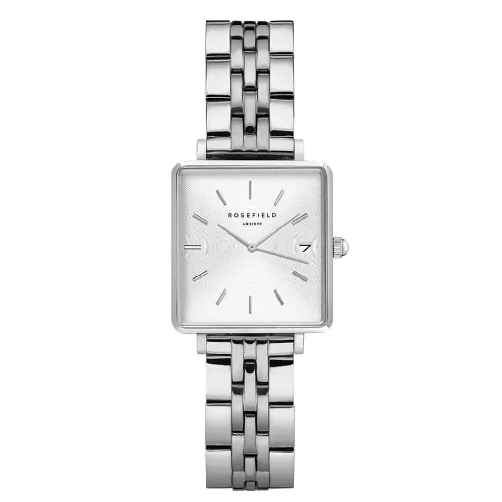 ROSEFIELD Montre The Mini Boxy Blanc cadran argenté fond blanc bracelet acier argenté Online