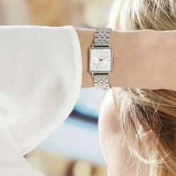ROSEFIELD Montre The Mini Boxy Blanc cadran argenté fond blanc bracelet acier argenté Online