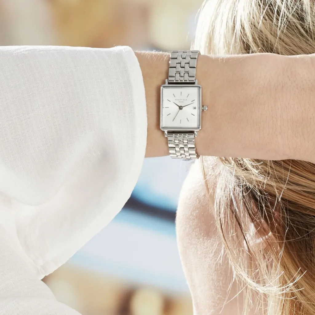 ROSEFIELD Montre The Mini Boxy Blanc cadran argenté fond blanc bracelet acier argenté Online