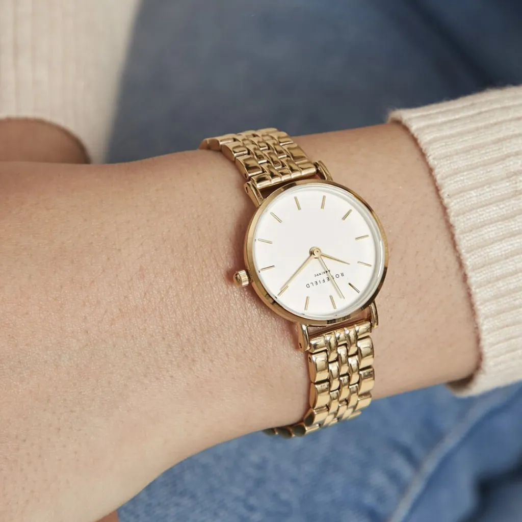 ROSEFIELD Montre The Small Edit Blanc cadran doré fond blanc bracelet acier doré Discount