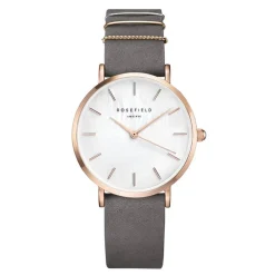 ROSEFIELD Montre West Village Blanc cadran doré rose fond blanc bracelet cuir gris Hot