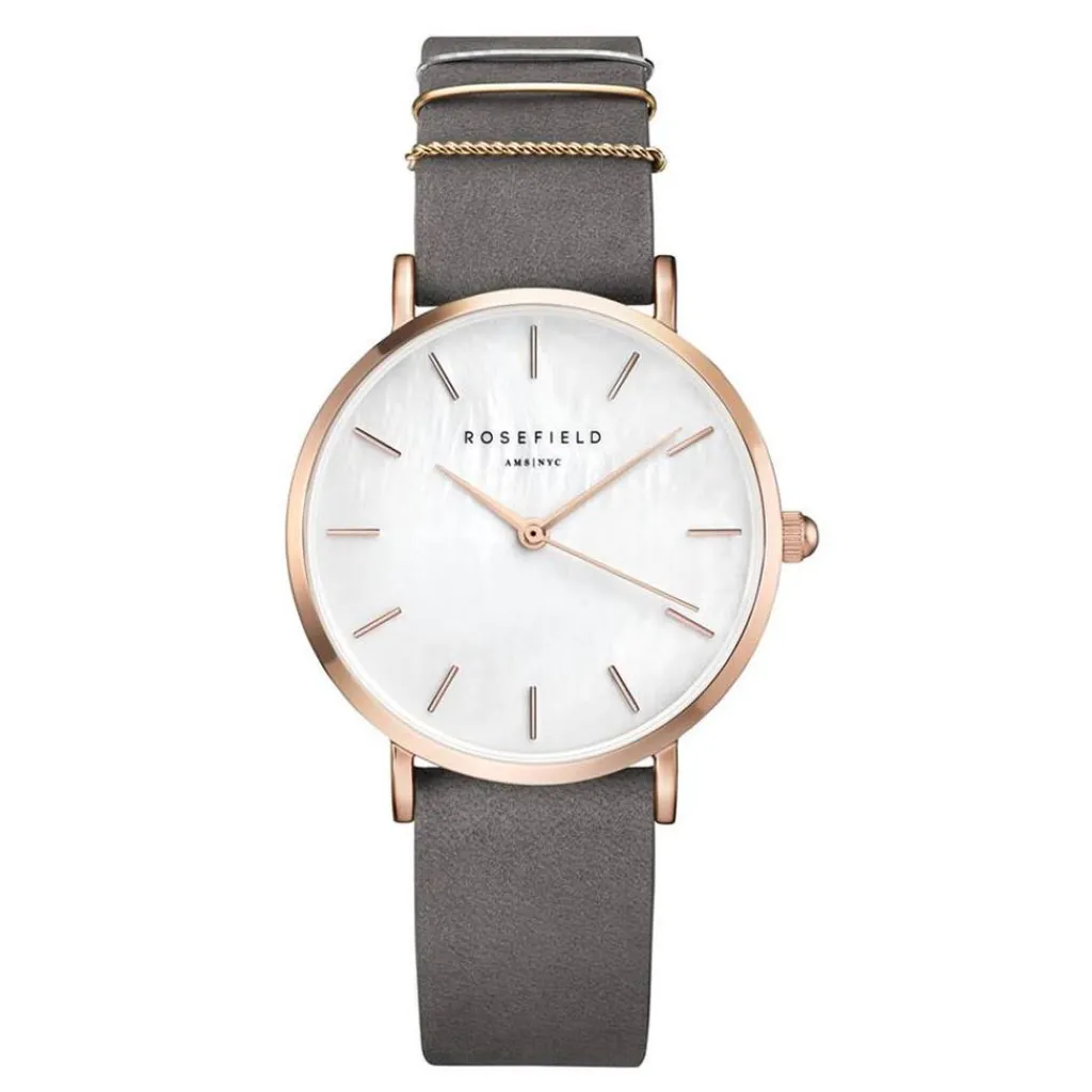 ROSEFIELD Montre West Village Blanc cadran doré rose fond blanc bracelet cuir gris Hot