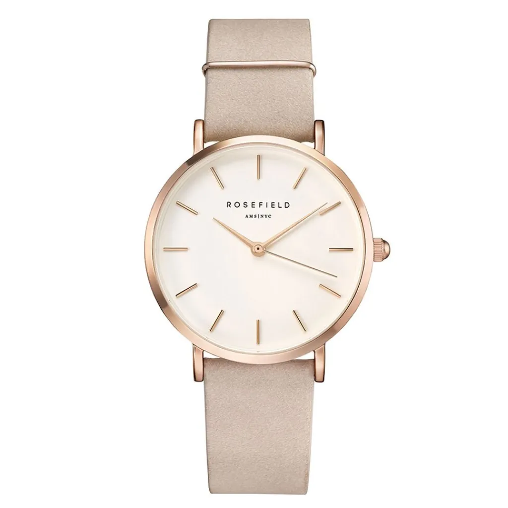 ROSEFIELD Montre West Village Blanc cadran doré rose fond blanc bracelet cuir beige Online