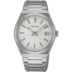 SEIKO Montre Classique Blanc cadran bicolore fond blanc bracelet acier argenté New