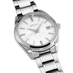 SEIKO Montre Classique Blanc cadran argenté fond blanc bracelet acier argenté
