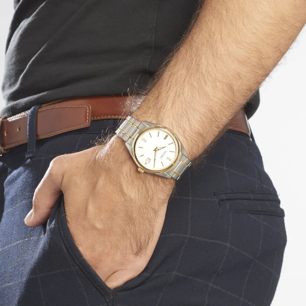 SEIKO Montre Classique Blanc cadran bicolore fond blanc bracelet acier bicolore New