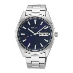 SEIKO Montre Classique Homme Bleu cadran argenté fond bleu bracelet acier argenté New