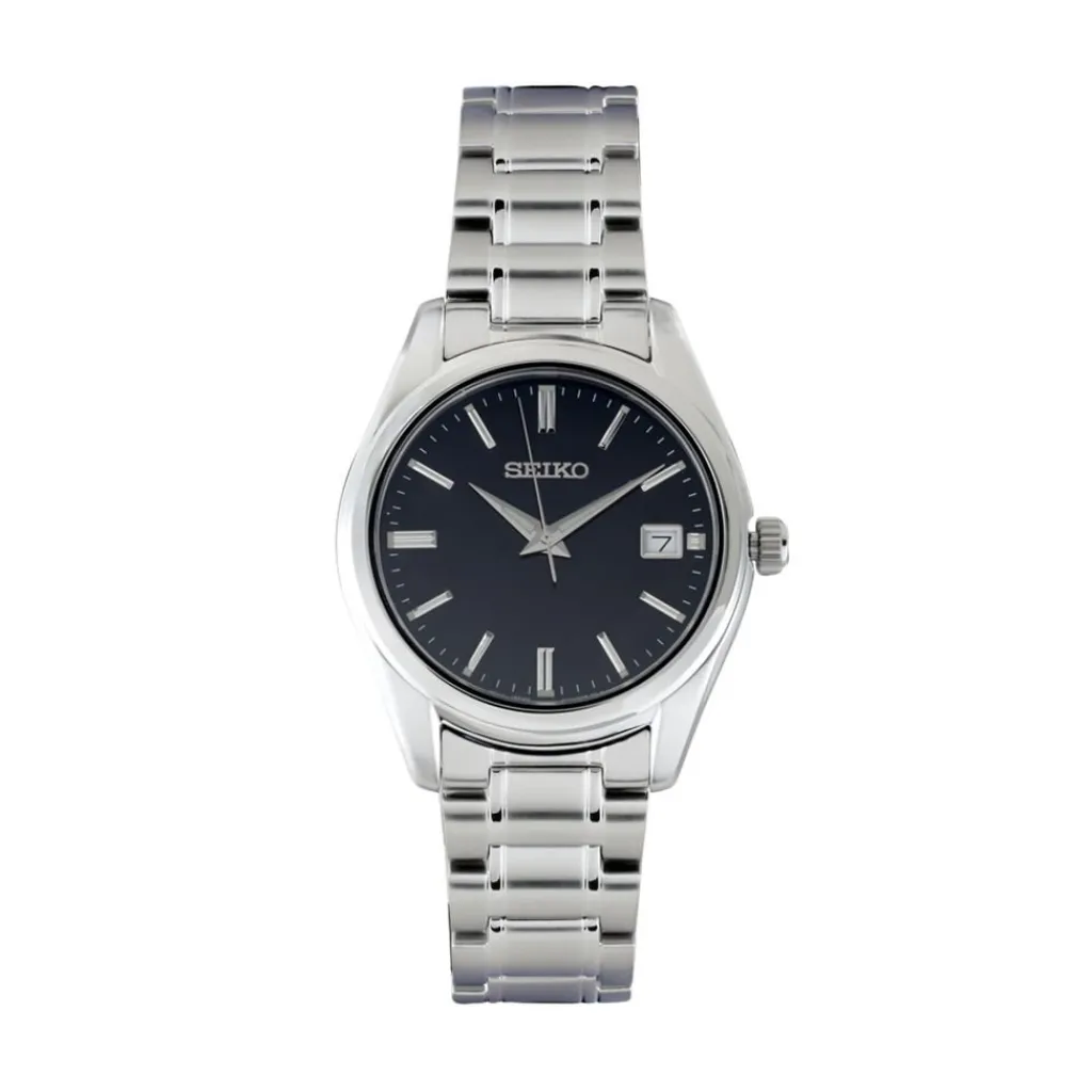 SEIKO Montre Classique Noir cadran argenté fond noir bracelet acier argenté Outlet