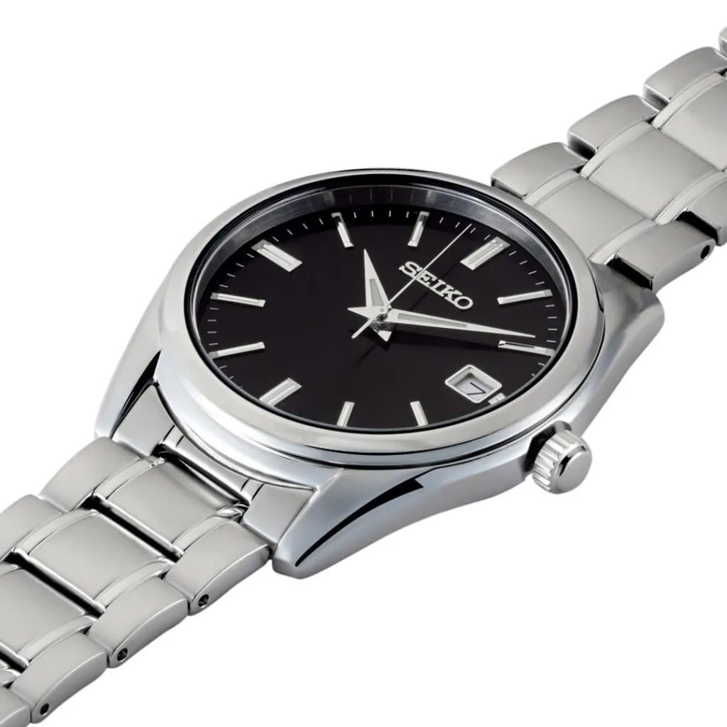 SEIKO Montre Classique Noir cadran argenté fond noir bracelet acier argenté Outlet