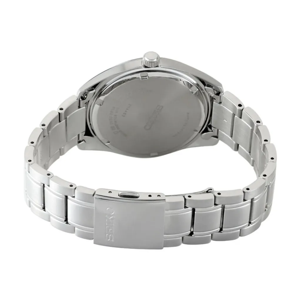 SEIKO Montre Classique Noir cadran argenté fond noir bracelet acier argenté Outlet
