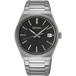SEIKO Montre Classique Noir cadran argenté fond noir bracelet acier argenté