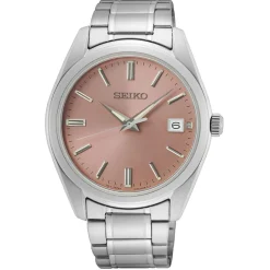 SEIKO Montre Classique Rose cadran argenté fond rose bracelet acier argenté Clearance