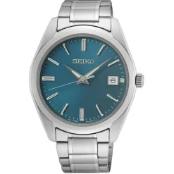 SEIKO Montre Classique Turquoise cadran argenté fond turquoise bracelet acier argenté Clearance