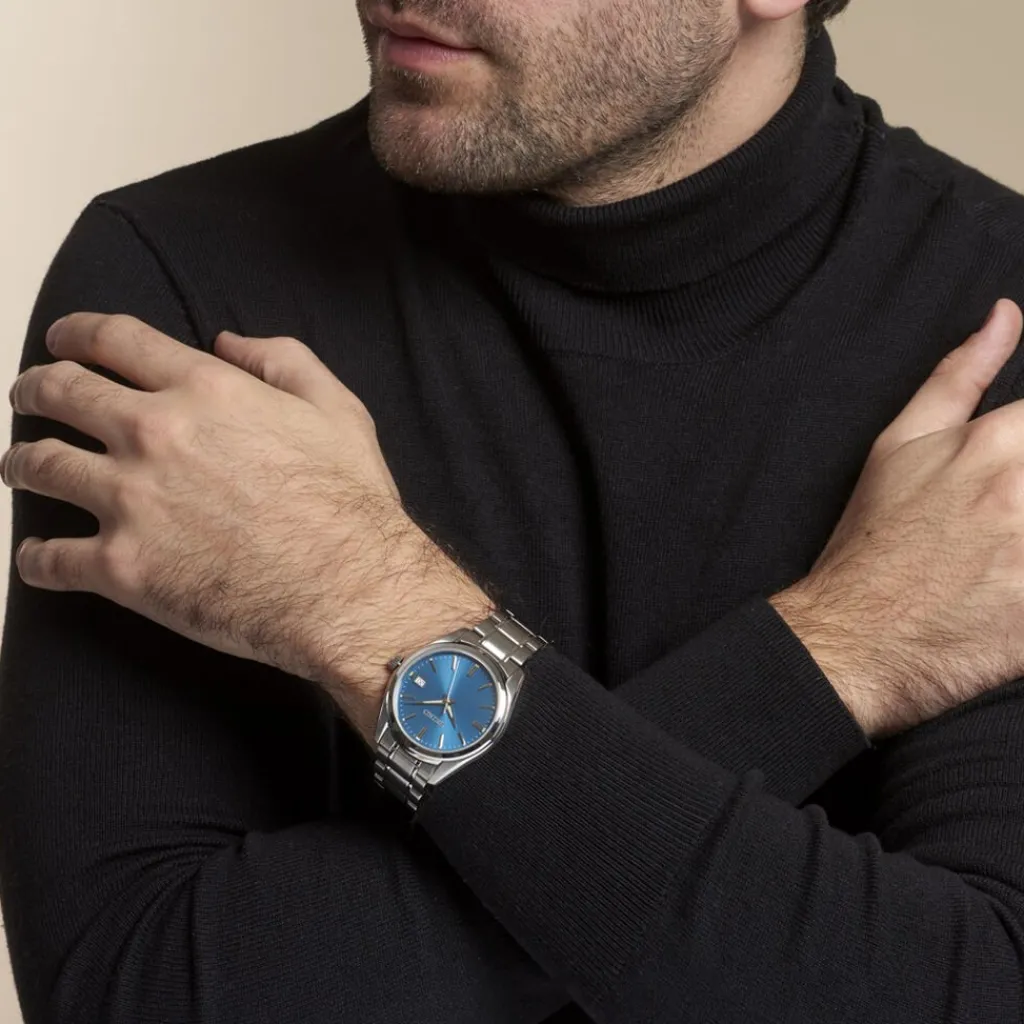 SEIKO Montre Classique Turquoise cadran argenté fond turquoise bracelet acier argenté Clearance