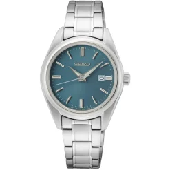 SEIKO Montre Classique Turquoise cadran argenté fond turquoise bracelet acier argenté Discount